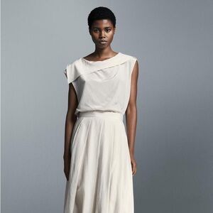 ZARA ZW COLLECTION SLEEVELESS ASYMMETRICAL DRAPE COLLAR BLOUSE TOP Ecru M